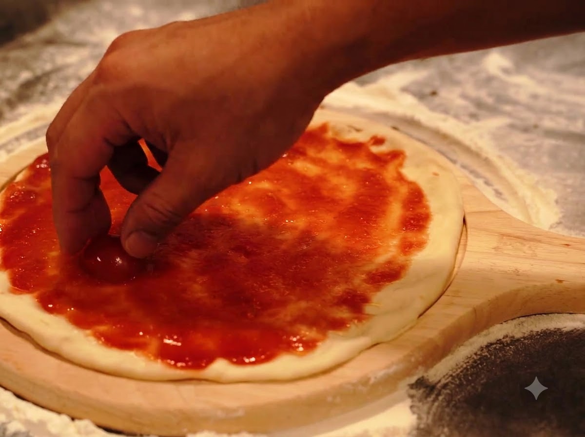 Une main disposant des moitiés de tomates cerises sur la pâte recouverte de sauce tomate.