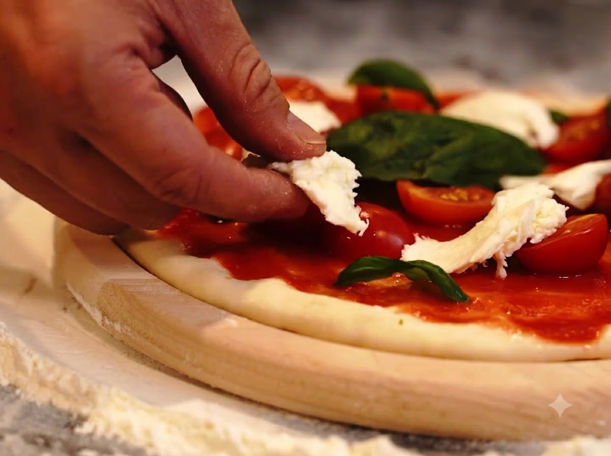 Une main ajoutant des morceaux de mozzarella sur une base de pizza avec des tomates et du basilic.