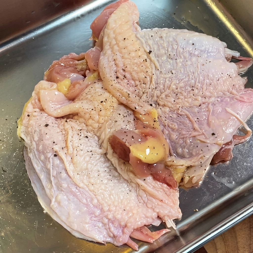 Filet de cuisse de poulet cru assaisonné de poivre noir, de sel et de romarin dans une barquette en métal.