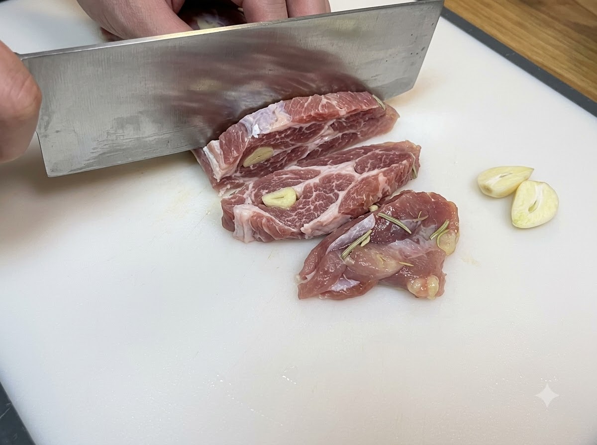 Mains utilisant un grand couteau pour couper le poulet cru mariné en lanières sur une planche à découper blanche.