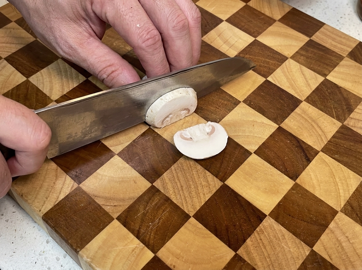 Une personne coupant un champignon de Paris frais sur une planche à découper en bois à carreaux.