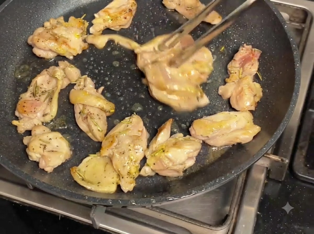 Morceaux de poulet et champignons grésillant dans une poêle antiadhésive foncée, retournés avec des pinces.