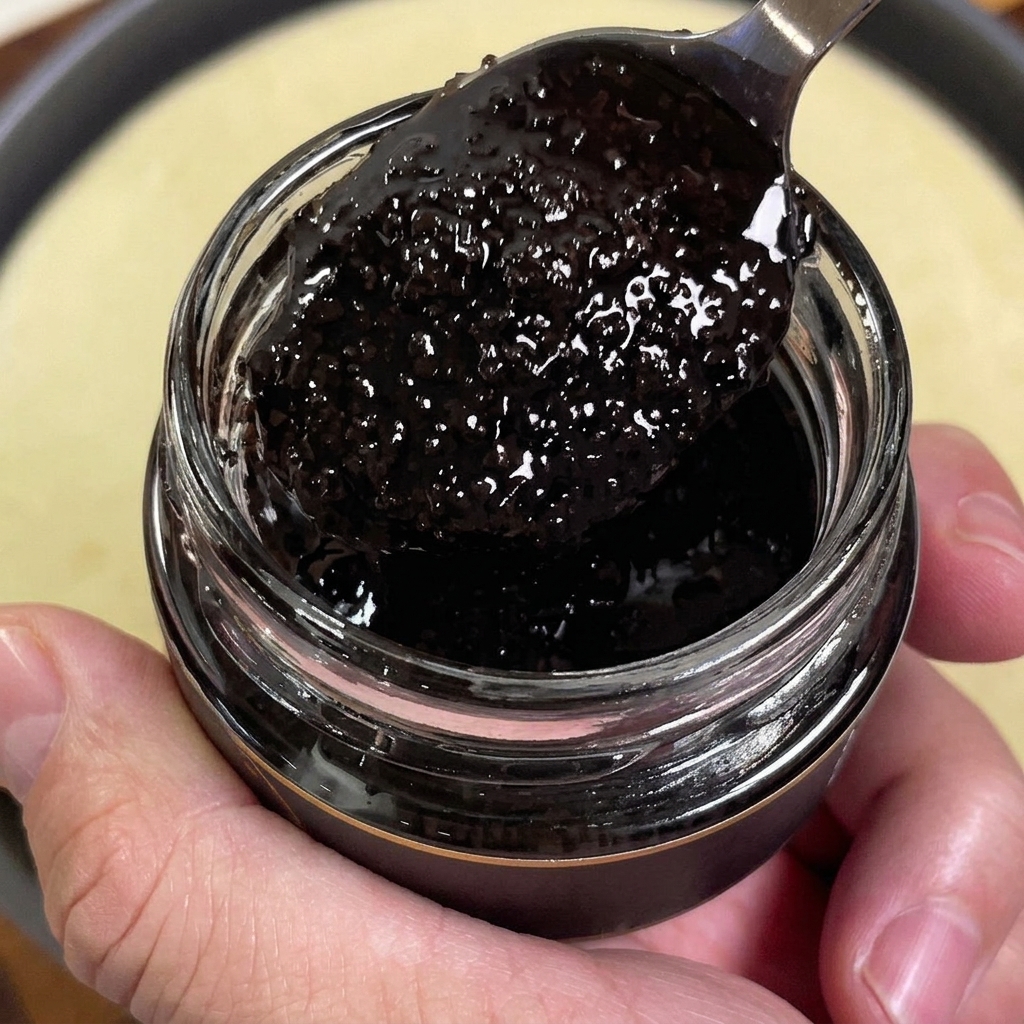 Une cuillère de sauce foncée à la truffe noire prélevée dans un bocal en verre au-dessus dune pâte à pizza.