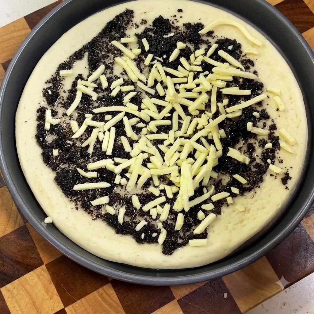 Une pâte à pizza non cuite, recouverte dune couche de sauce à la truffe noire et de fromage râpé.