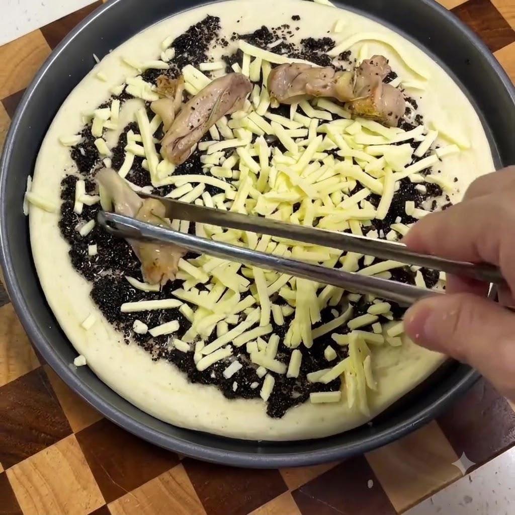 Des pinces plaçant des morceaux de poulet cuits sur une pâte à pizza recouverte de sauce à la truffe et de fromage râpé.