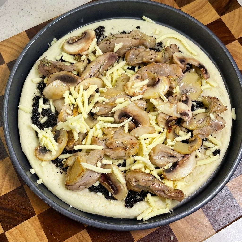 Une pizza assemblée garnie de sauce à la truffe, de poulet, de champignons et dune dernière couche de fromage râpé.