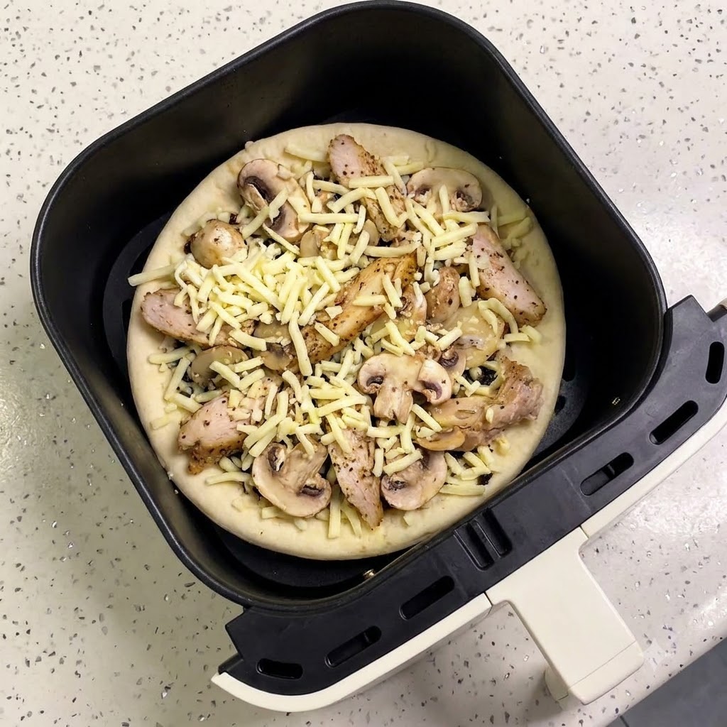 La pizza entièrement garnie et crue, placée dans le panier noir dune friteuse sans huile, prête à être cuite.