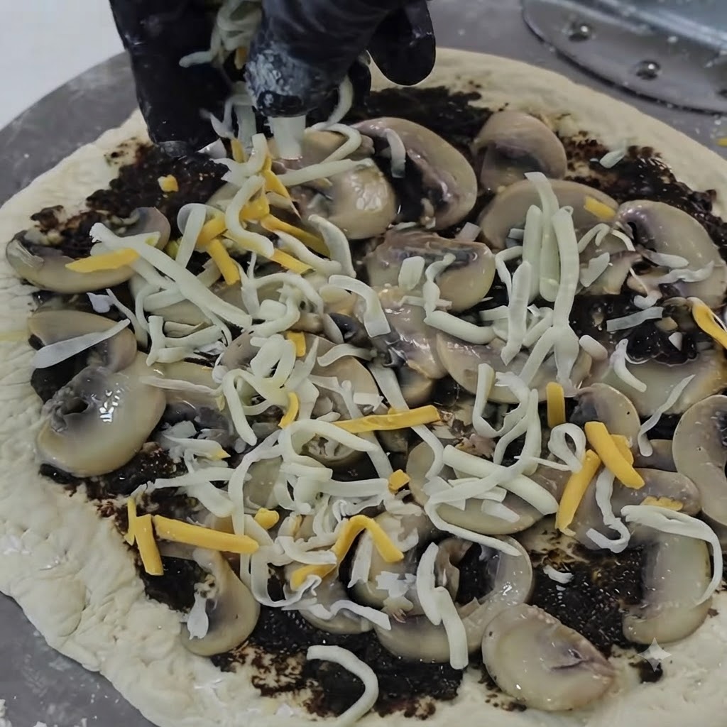 Du fromage râpé saupoudré par le dessus sur la base de pizza aux champignons et à la truffe préparée.