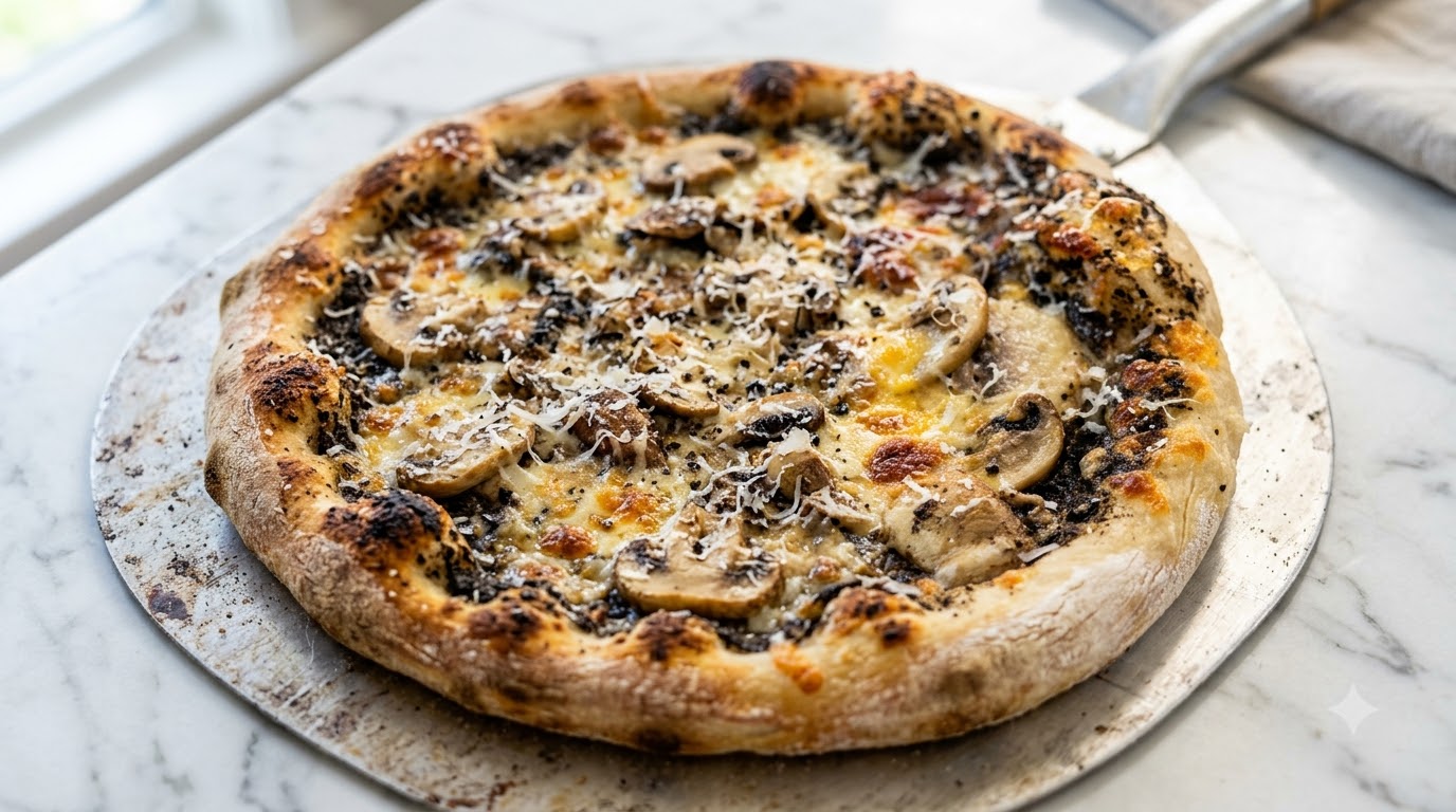 Une pizza aux truffes noires et aux champignons fraîchement cuite, avec une croûte boursouflée et du fromage fondu sur une pelle en métal.