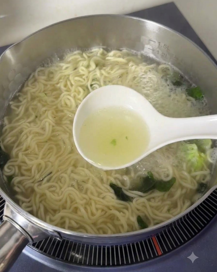 Une louche remplie de bouillon chaud prélevée dans une casserole de nouilles bouillantes.