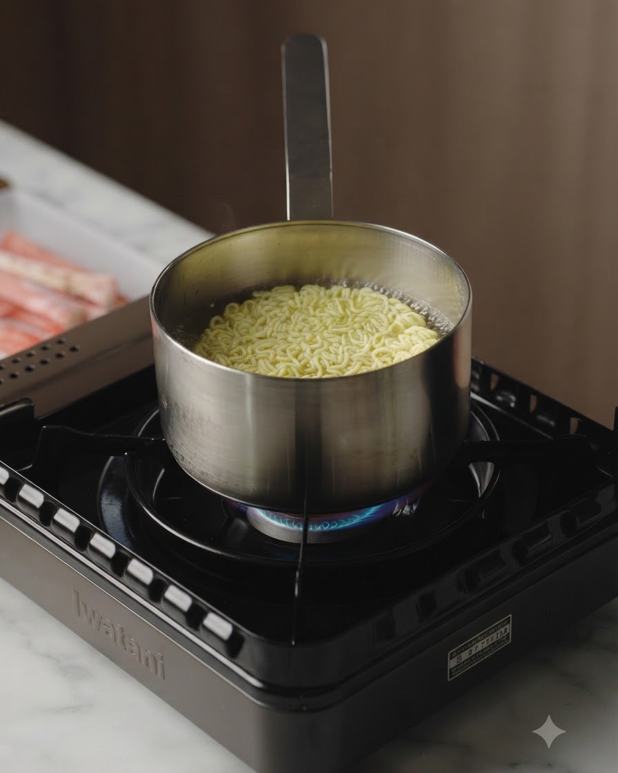 Nouilles instantanées et tranches de viande crue cuisant ensemble dans une casserole en acier inoxydable remplie deau bouillante sur un réchaud portable.