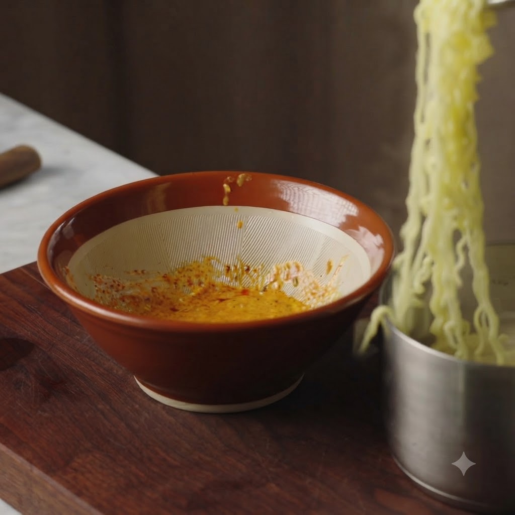 Nouilles cuites ajoutées dune casserole dans un bol en céramique marron rempli dun mélange assaisonné dail et de sauce.