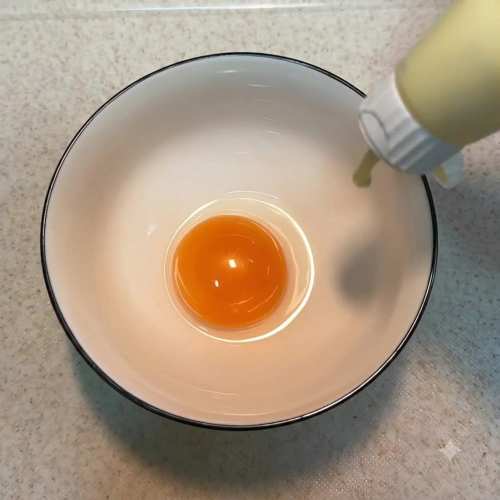 De la sauce pour salade pressée dune bouteille sur le jaune dœuf à lintérieur dun bol en céramique.
