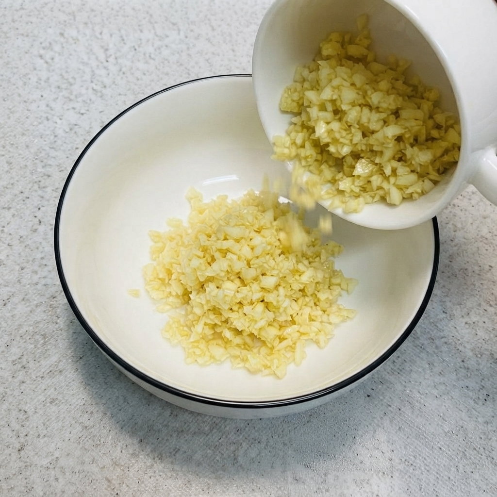 De lail haché versé dune petite tasse dans le bol contenant le jaune dœuf et la sauce.