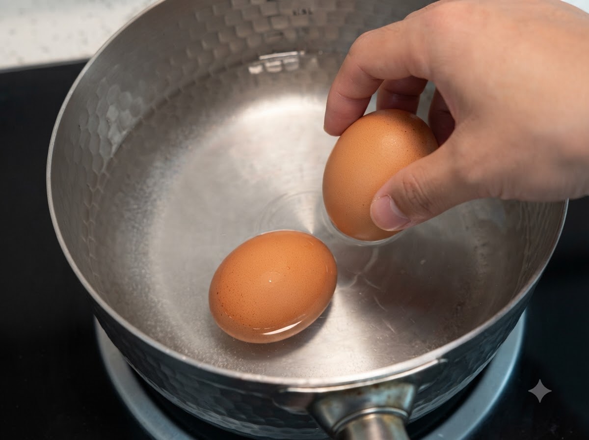Une main plaçant des œufs entiers dans une casserole en métal remplie deau froide sur une cuisinière.