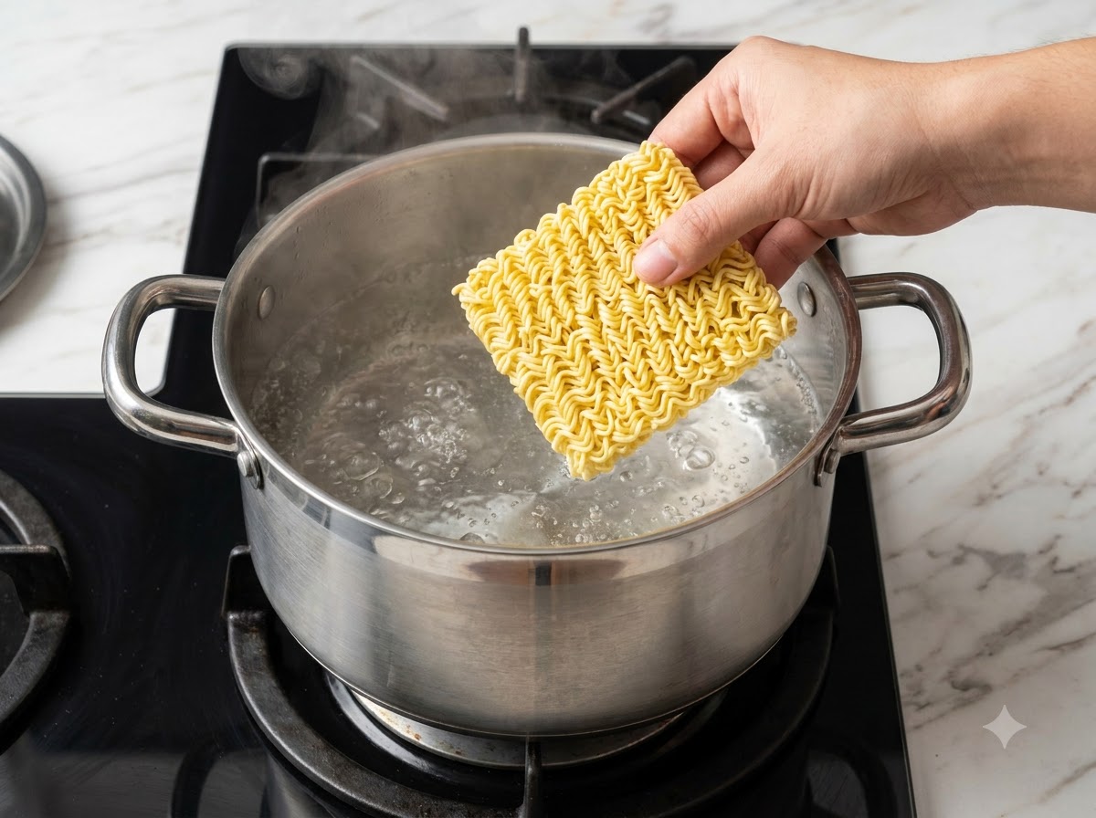 Une main tenant un bloc de nouilles ramen instantanées sèches au-dessus dune casserole deau bouillante sur un poêle.