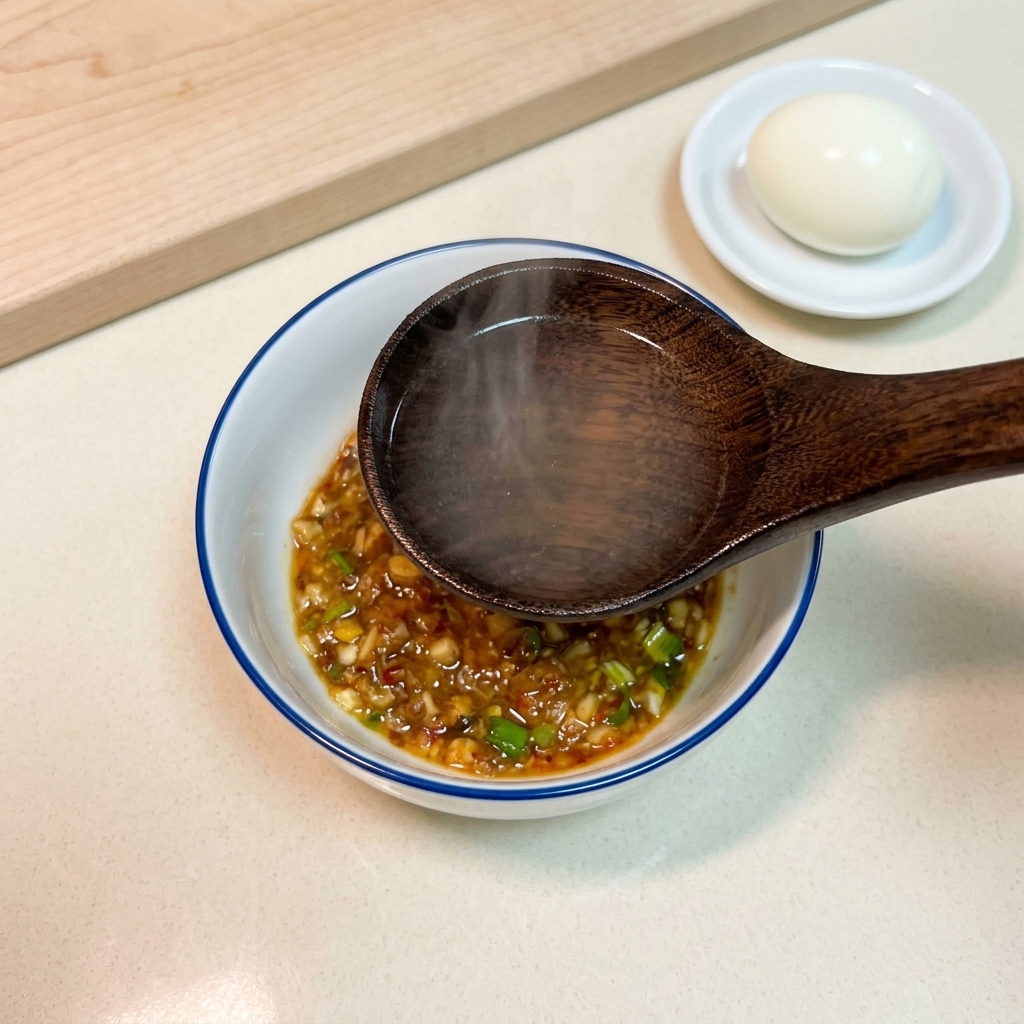 Une louche en bois remplie deau chaude tenue au-dessus dun bol contenant une sauce mélangée et une base dassaisonnement.