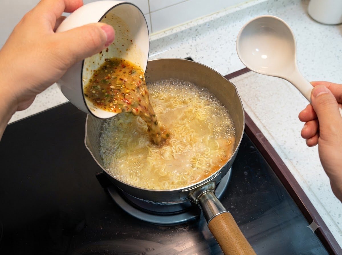 Un bol versant un mélange dassaisonnement liquide dans une casserole de nouilles bouillantes sur un poêle.