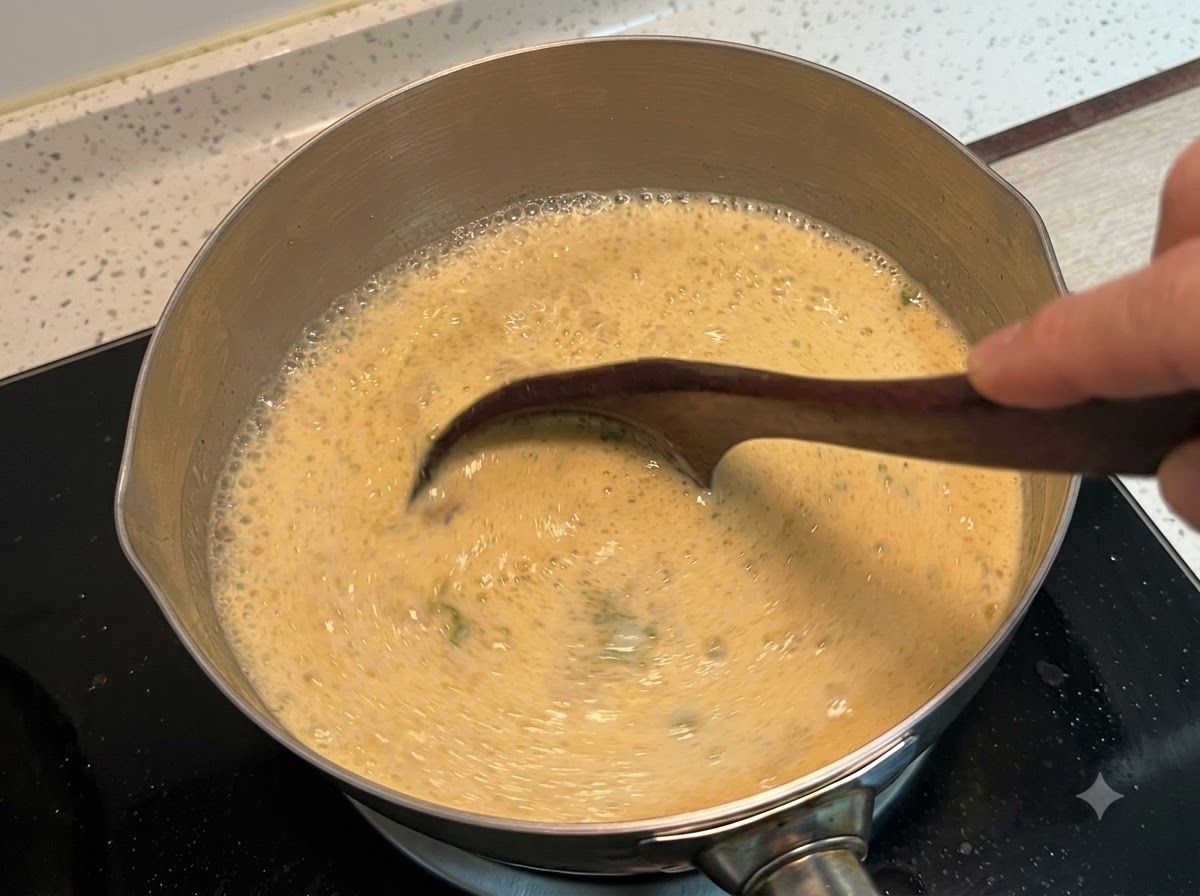 Une cuillère en bois remuant un bouillon bouillonnant épais et crémeux à lintérieur dune casserole en métal sur la cuisinière.