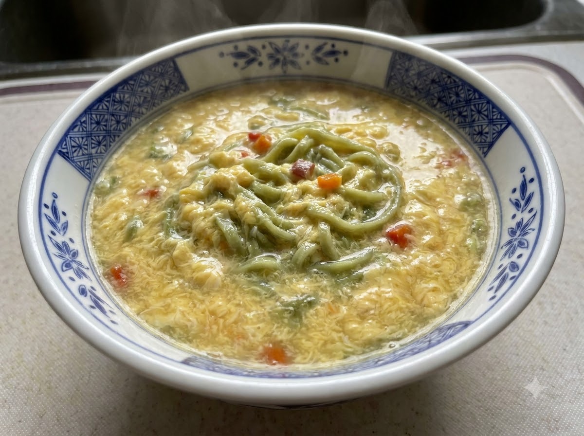 Nouilles cuites et soupe crémeuse versées dans un bol à motifs bleu et blanc.