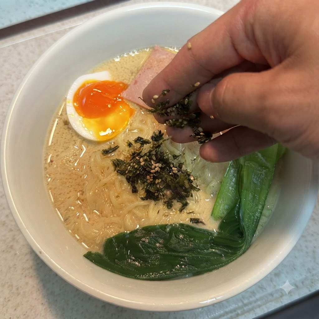 Une main saupoudrant des flocons dalgues et des graines de sésame sur un bol de ramen.