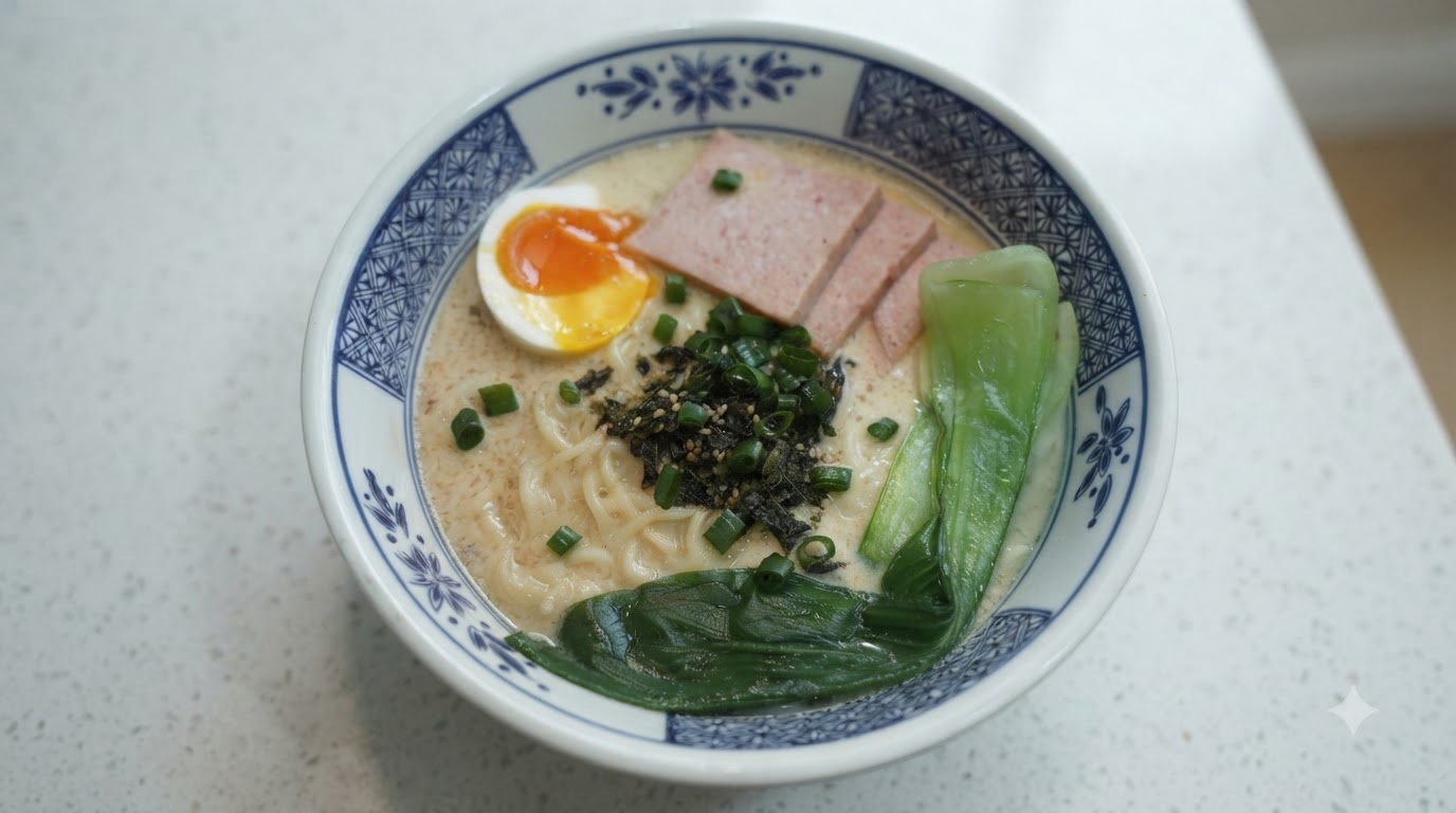 Un bol fumant de ramen crémeux de style tonkotsu garni dun œuf mollet, de spam saisi, de bok choy et dalgues.