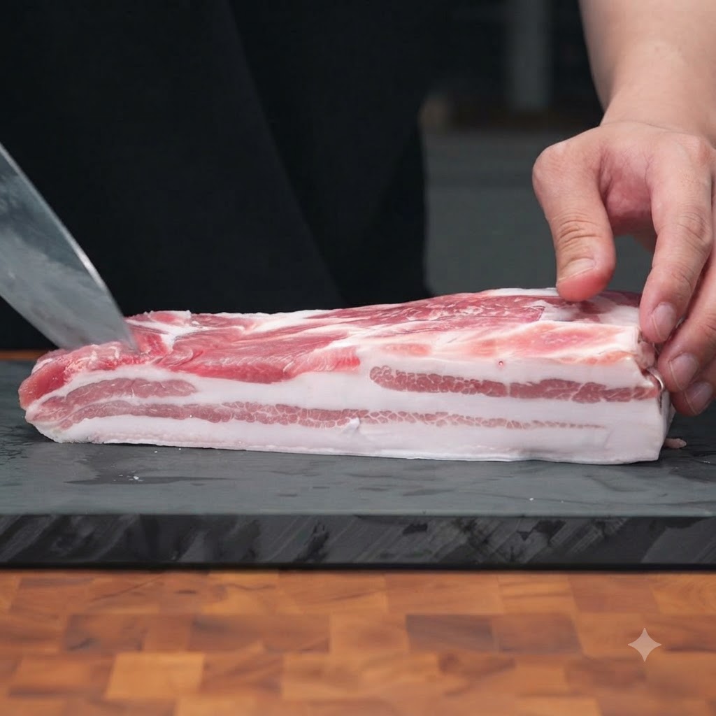 Épaisses lanières de poitrine de porc crue en train dêtre immergées et blanchies dans de leau bouillante.