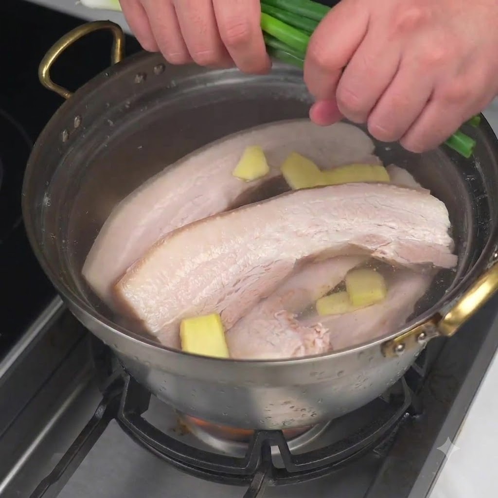 Tranches de gingembre et oignons verts ajoutés dans une casserole deau avec de la poitrine de porc.