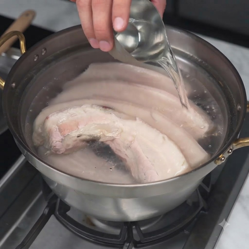 Verser un assaisonnement liquide depuis une louche en métal dans une casserole contenant de la poitrine de porc.