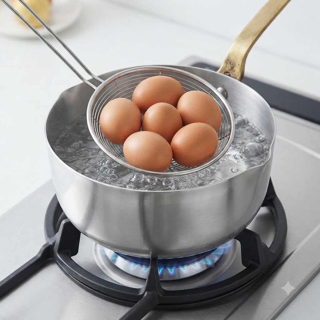 Une écumoire en métal retirant des œufs bruns cuits dune casserole deau bouillante.