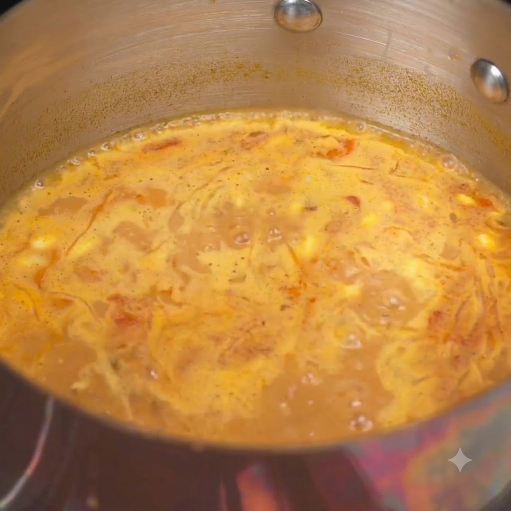 Vinaigre doux et poudre de piment incorporés dans la casserole de bouillon de ramen frémissant.
