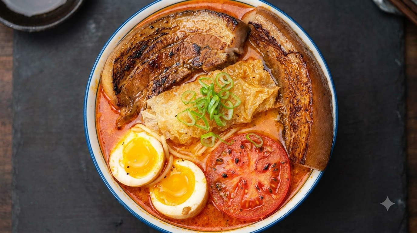 Ramen au Bouillon Tomate et Poitrine de Porc Braisée