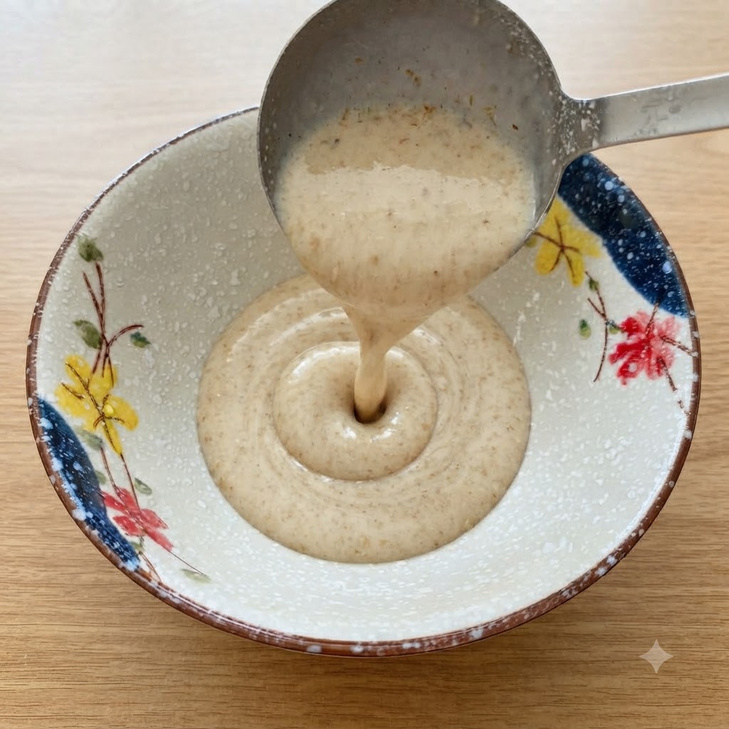 Une louche en métal versant un bouillon de soupe chaud et crémeux dans un bol en céramique décoré.