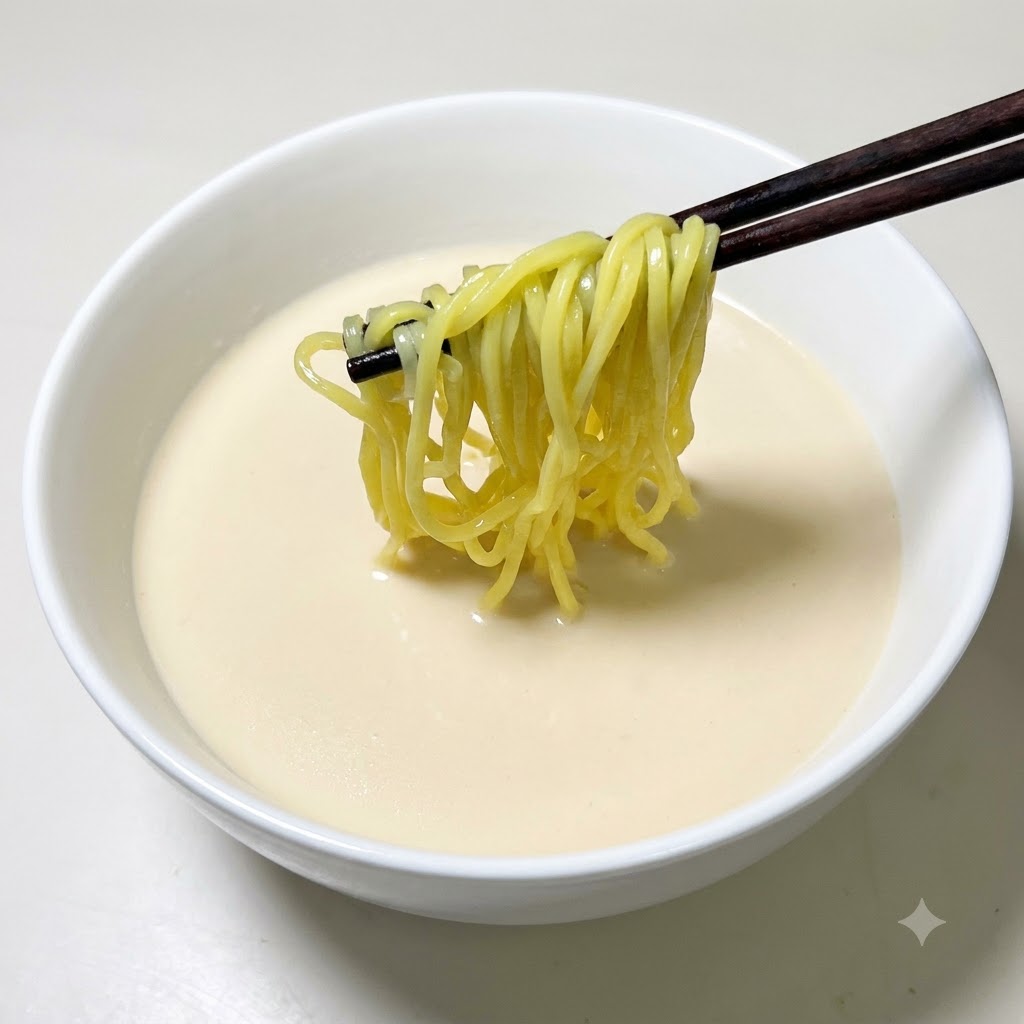 Une paire de baguettes tenant des nouilles ramen dorées au-dessus dun bol de base de soupe blanche et crémeuse.