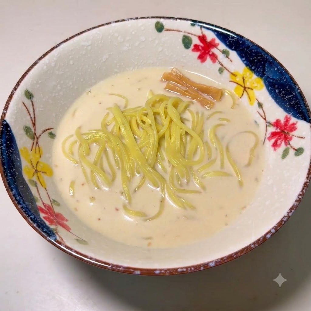 Un bol décoratif de nouilles ramen dans un bouillon, garni de pousses de bambou.