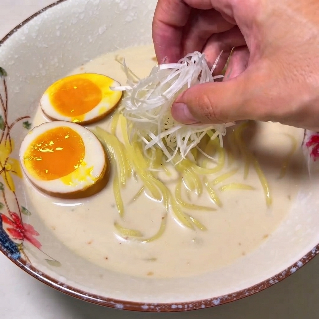 Une main plaçant un petit monticule de cébette émincée sur un bol de ramen.