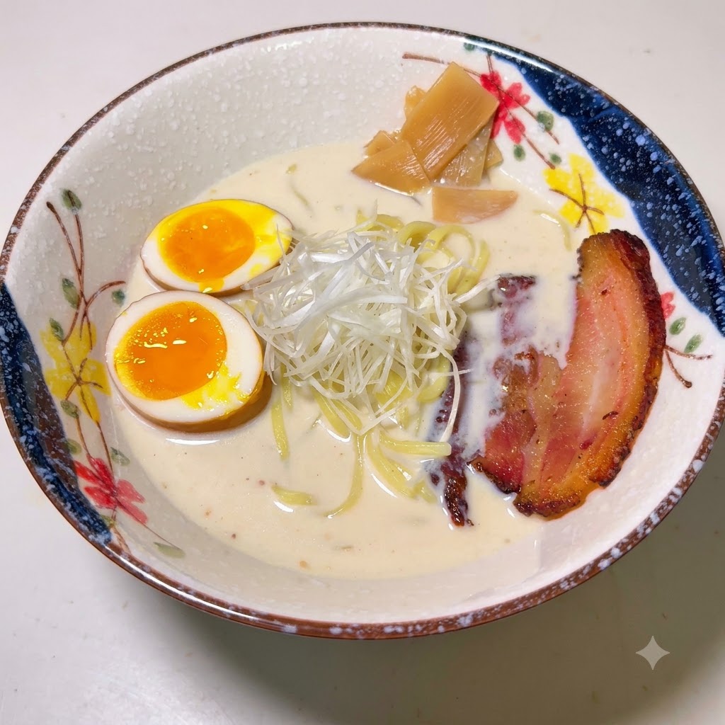 Un bol de ramen garni de pousses de bambou, dun demi-œuf mollet, doignons verts émincés et dune tranche de porc chashu.