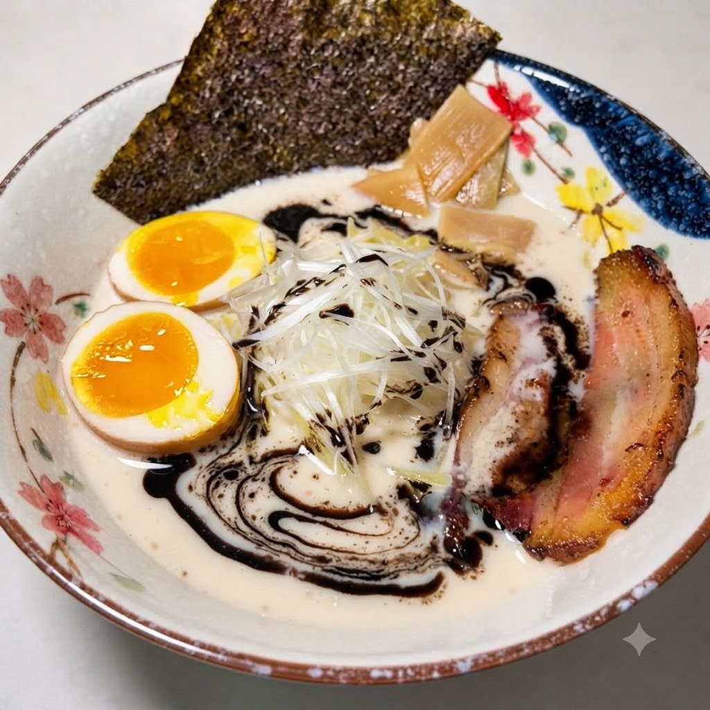 Un bol de ramen entièrement assemblé avec un filet dhuile à lail noir sur le bouillon et les ingrédients.
