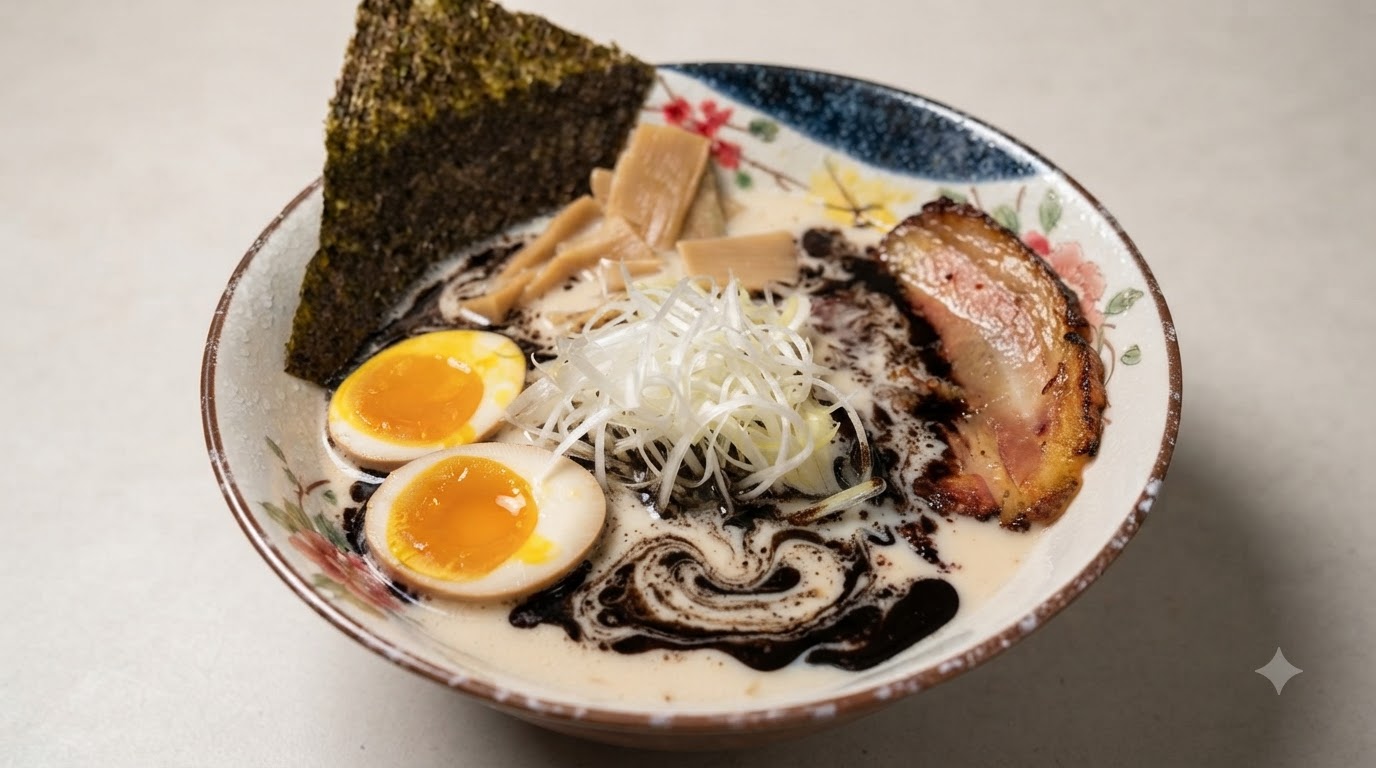 Un bol de ramen tonkotsu à lail noir avec un bouillon crémeux, des spirales dhuile dail, du porc chashu et un œuf mollet.