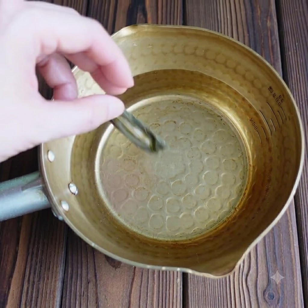 Du kombu séché plongé dans une casserole en laiton remplie deau.
