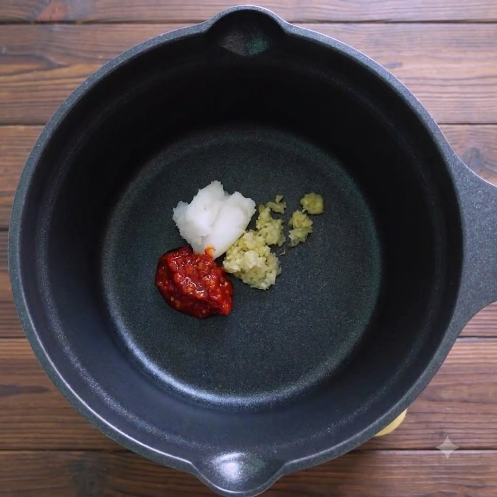 De la pâte de piment, du saindoux de porc et des aromates hachés à lintérieur dune casserole noire.