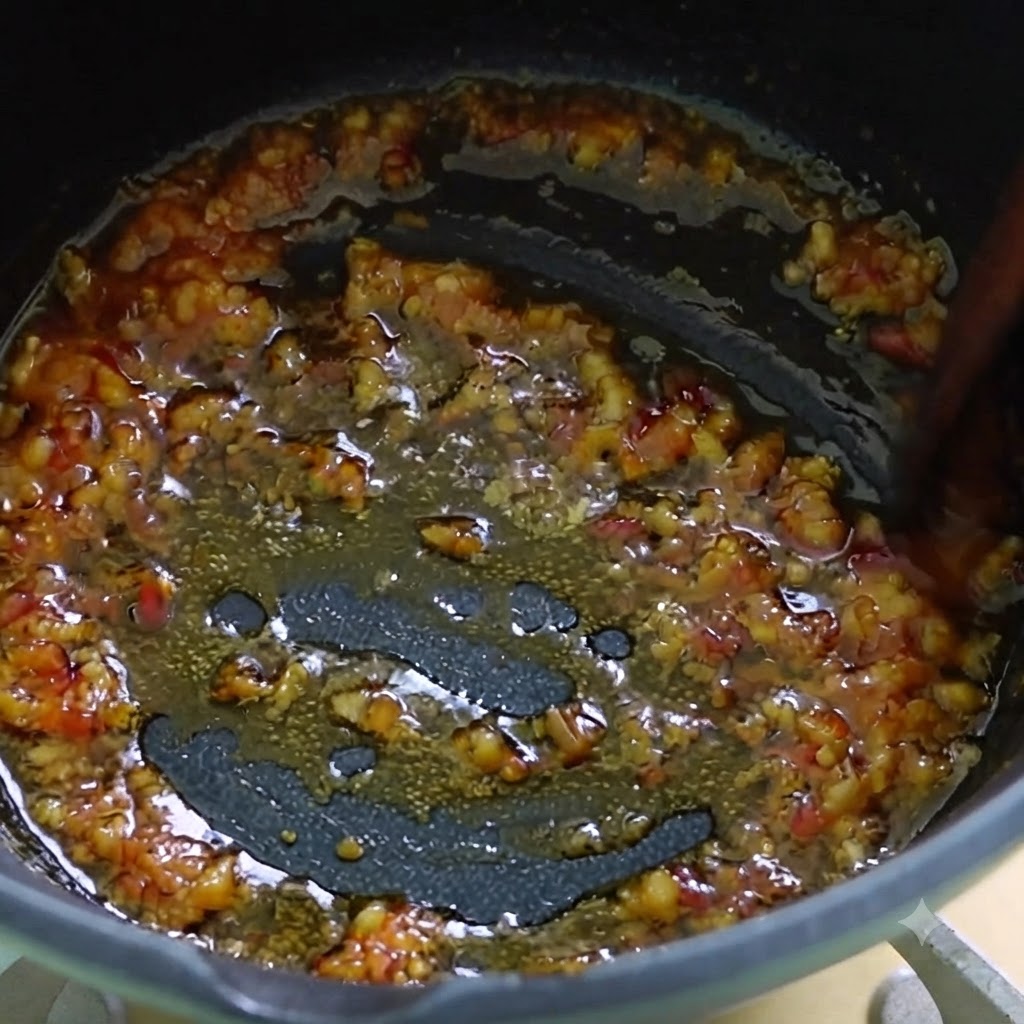De leau de kombu versée sur le mélange dail, de gingembre et de pâte de piment frits.