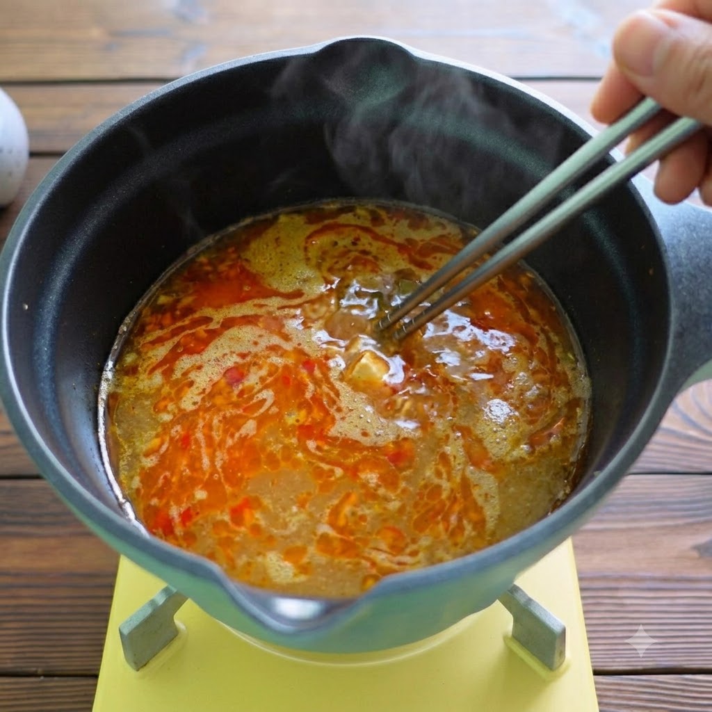 Du kombu retiré du bouillon chaud à laide de baguettes en métal.