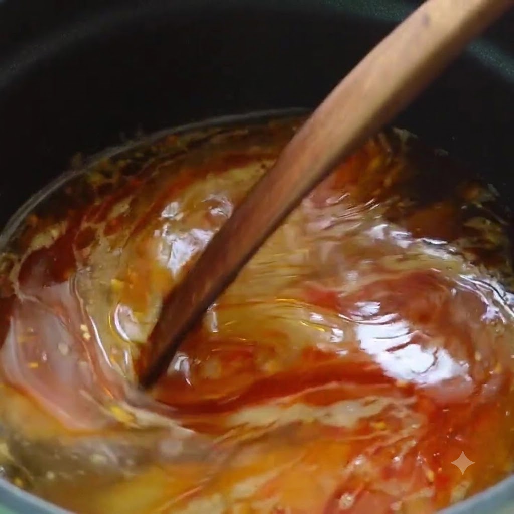 La base de soupe terminée remuée avec une cuillère en bois dans une casserole.