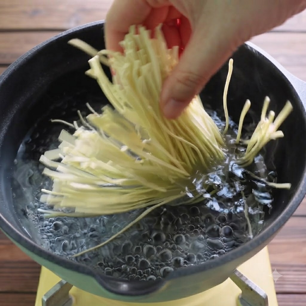 Une main plaçant une portion de nouilles de ramen fraîches dans une casserole deau bouillante bouillonnante.