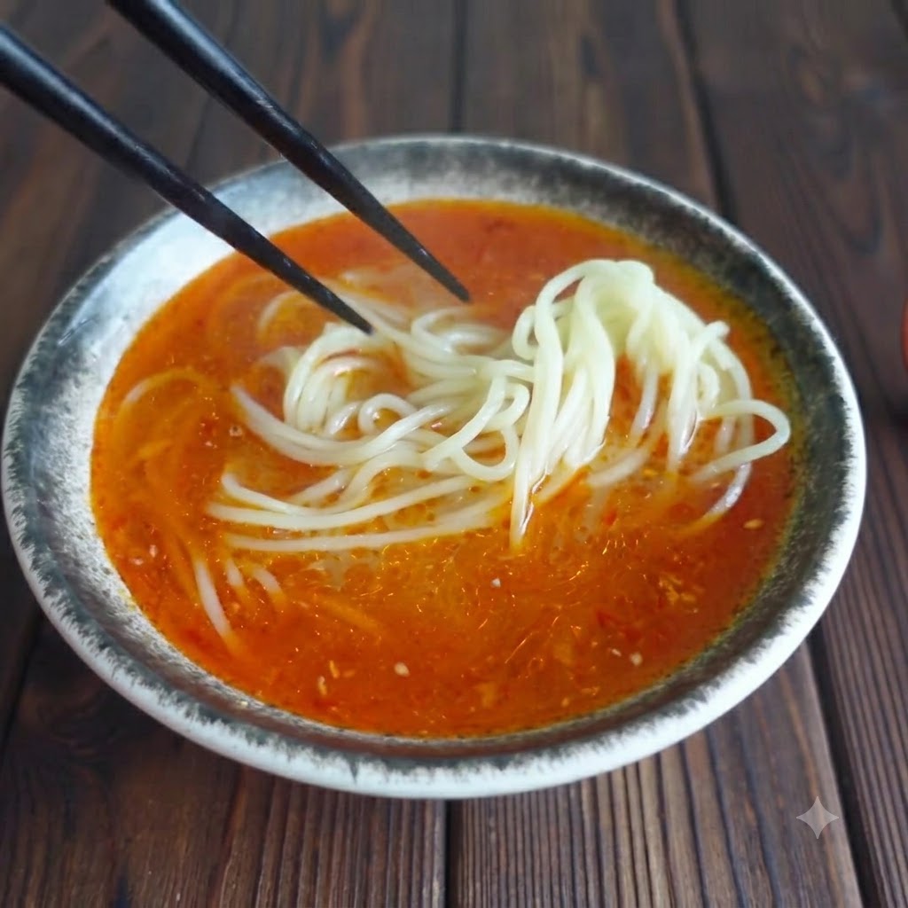 Des baguettes plaçant des tranches de viande sur des nouilles submergées dans une base de soupe rouge.