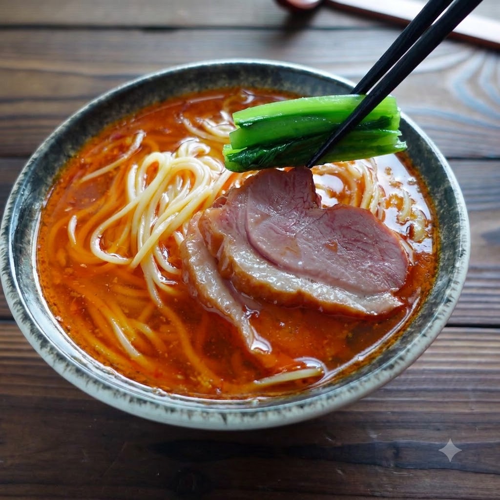 Des baguettes tenant des légumes verts au-dessus dun bol de ramen garni de viande tranchée.