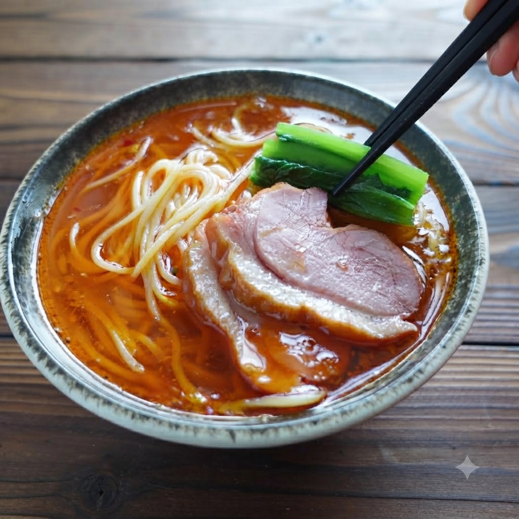 Des pousses de bambou placées dans un bol de ramen à laide de baguettes.