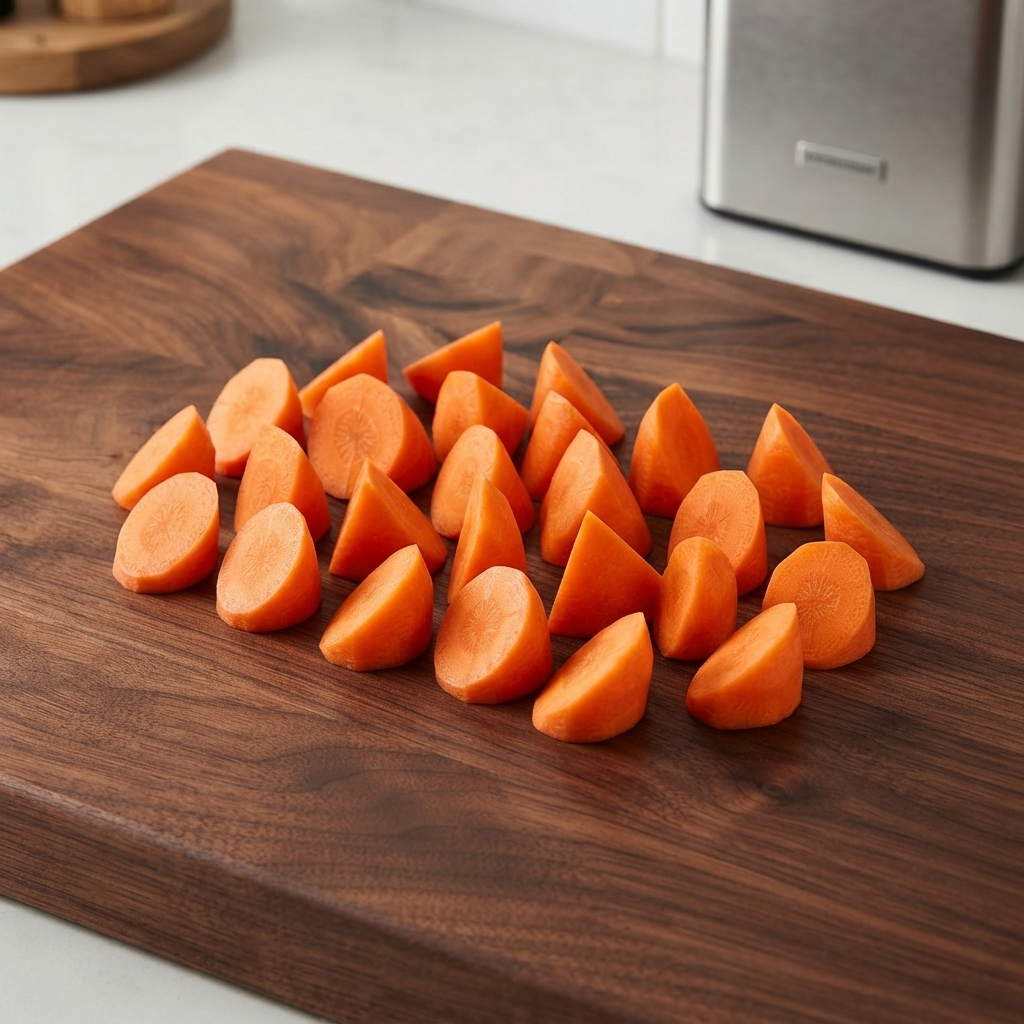 Carottes et divers légumes proprement coupés et disposés sur une planche à découper en bois.