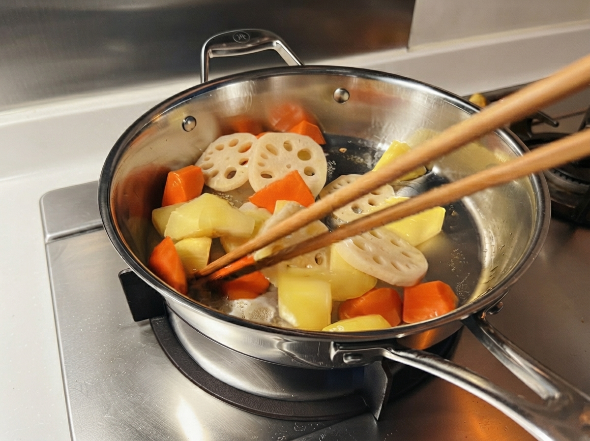 Tranches de légumes remuées dans une poêle en acier inoxydable sur un feu avec des baguettes.